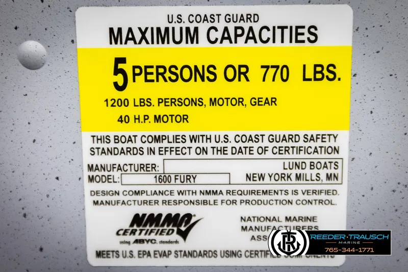 Slide: The Image of 2026 Lund 1600 Fury Tiller capacity label: 5 persons or 770 lbs, 40 HP motor. - 41