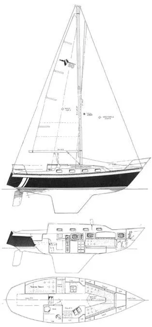 Slide: The Image of 1984 Lancer 30 sailboat design blueprint, showcasing side, top, and interior views. - 25