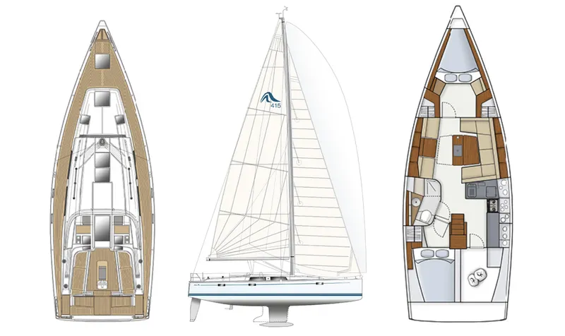 Slide: The Image of 2016 Hanse 415 sailboat layout and design, featuring deck and interior plans. - 1