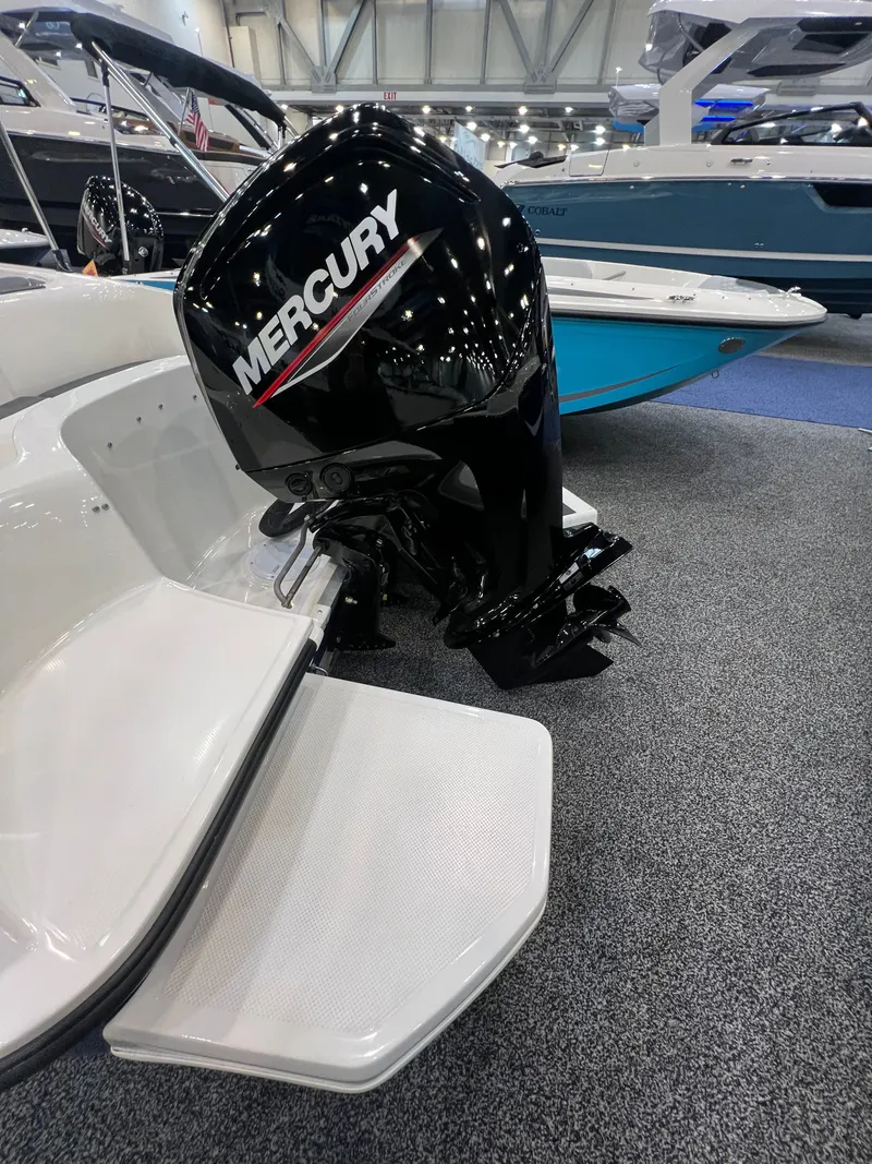 Slide: The Image of Bayliner E16LE 2026 with Mercury outboard motor at boat show. - 1