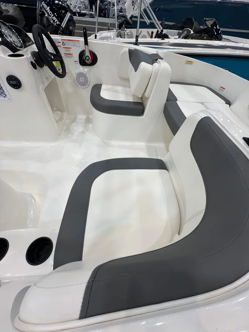 Slide: The Image of Interior of 2026 Bayliner E16LE with gray and white seating. - 3