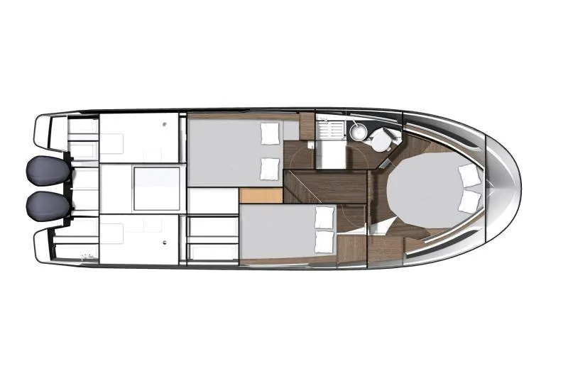 Slide: The Image of 2024 Jeanneau NC 1095 boat layout with cabins, bathroom, and twin engines. - 49