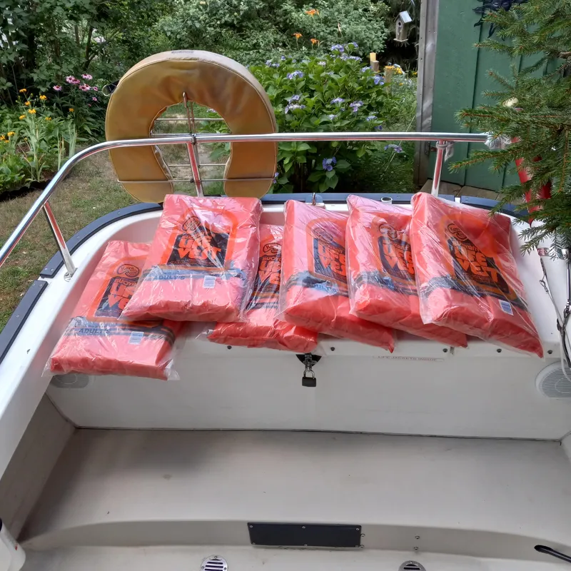 Slide: The Image of 2005 Ranger Tugs R-21 boat with orange life jackets on deck, surrounded by greenery. - 27