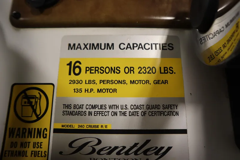 Slide: The Image of 2008 Bentley Pontoons 240 CRUISE capacity label: 16 persons or 2320 lbs, 135 HP motor. - 28