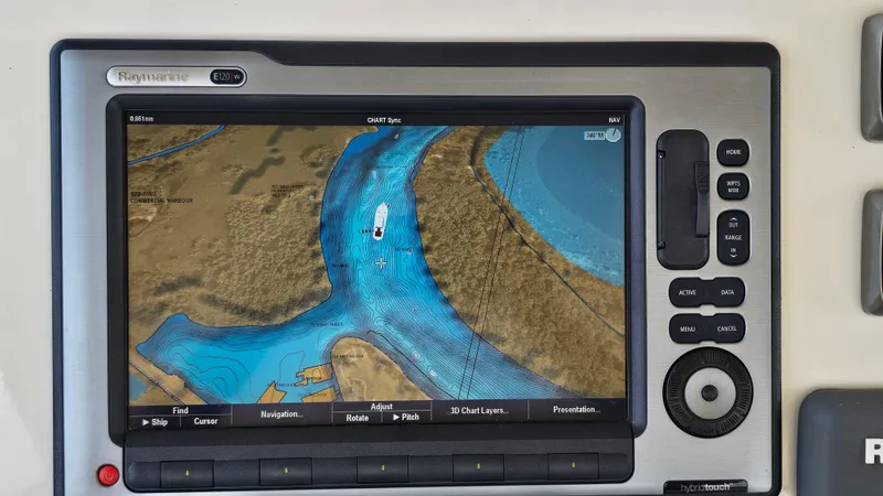 Slide: The Image of Raymarine E120W navigation display on 1997 Carver 355 Motor Yacht, showing detailed marine chart. - 15
