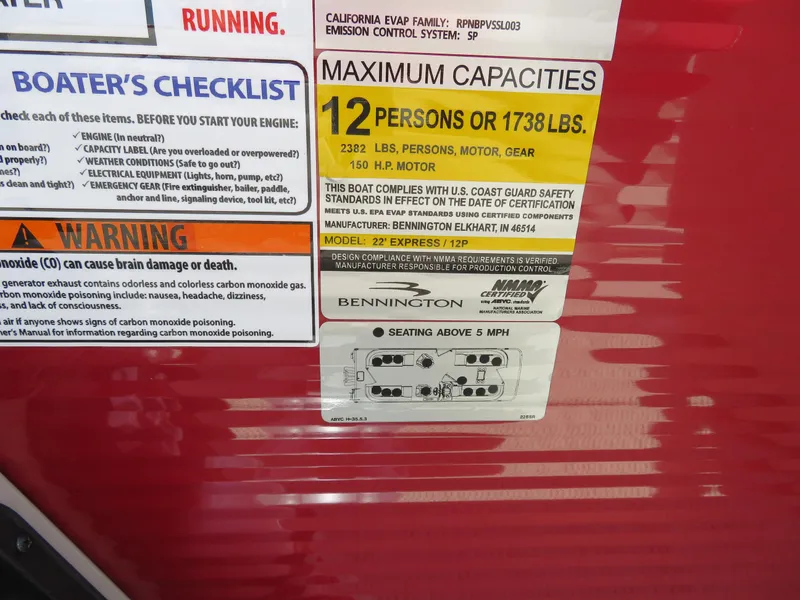 Slide: The Image of 2024 Bennington 22 SSR capacity label, seating for 12, 1738 lbs limit, safety warnings included. - 10