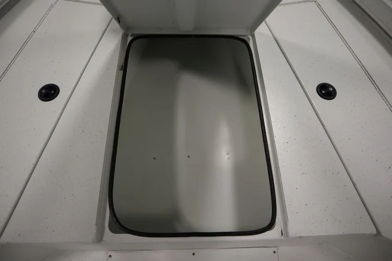 Slide: The Image of 2020 Sun Tracker Party Barge 20 DLX storage compartment, open lid, spacious interior. - 15