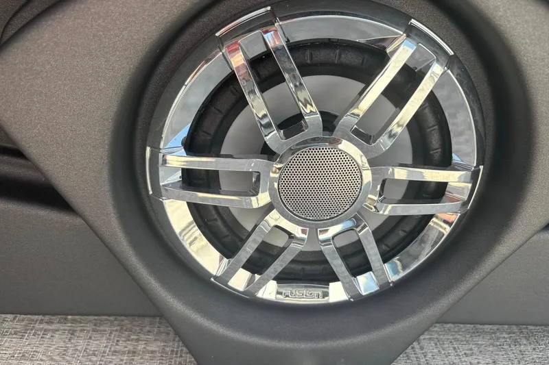 Slide: The Image of Close-up of a 2024 Avalon Catalina Entertainer speaker with chrome detailing. - 12