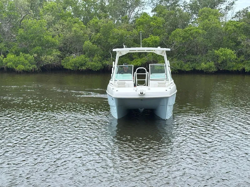 Slide: The Image of 2025 World Cat 230 DC boat on calm water with lush green trees in the background. - 3