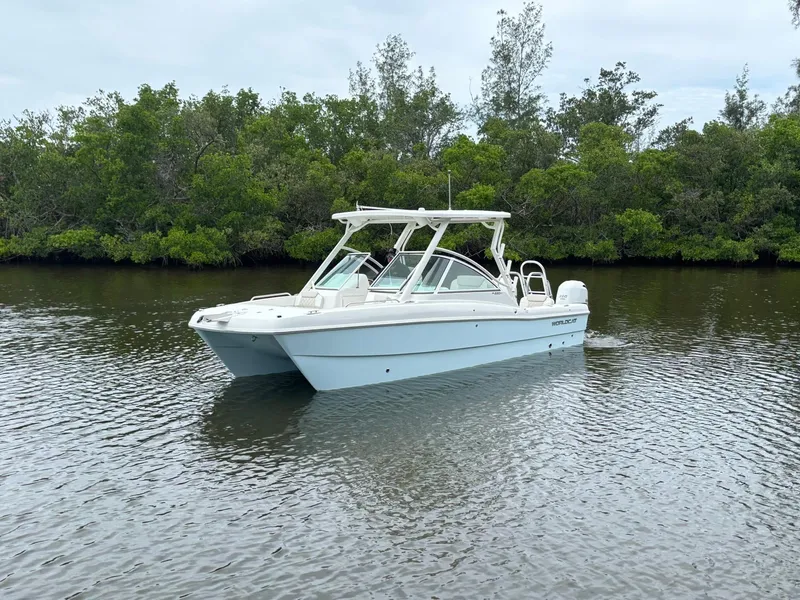 Slide: The Image of 2025 World Cat 230 DC boat on calm water, surrounded by lush greenery. - 4