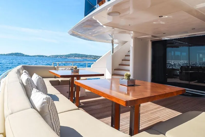 Slide: The Image of Luxurious yacht deck with seating, wooden tables, and ocean view; 33rd Strike Group FOX-3637, 2026 model. - 12