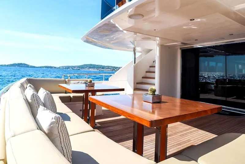 Slide: The Image of Luxurious yacht deck with seating, wooden tables, and ocean view, 33rd Strike Group FOX-3637, 2026 model. - 35