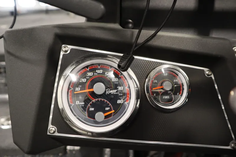 Slide: The Image of Dashboard of 2023 Ranger Z519 boat showing speedometer and fuel gauge. - 35