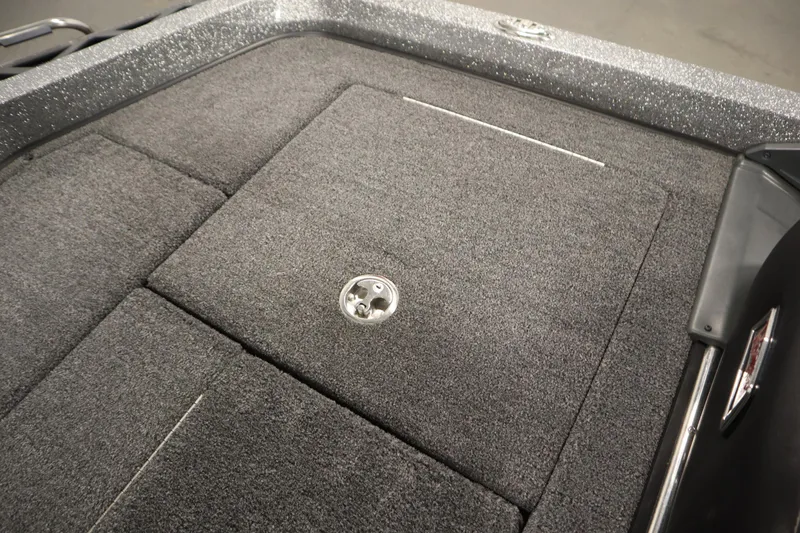 Slide: The Image of 2023 Ranger Z519 boat deck with carpeted surface and storage compartment. - 46