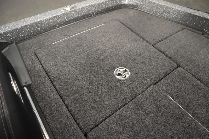 Slide: The Image of 2023 Ranger Z519 boat deck with carpeted surface and storage compartment. - 48