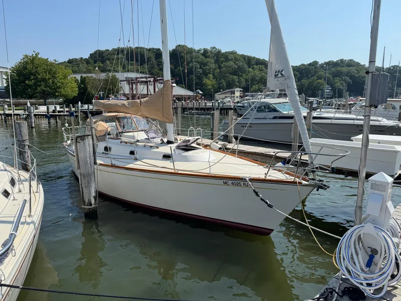 The Image of Sailboat Tartan 3500, 1997 model, docked at a marina with surrounding boats. - 0