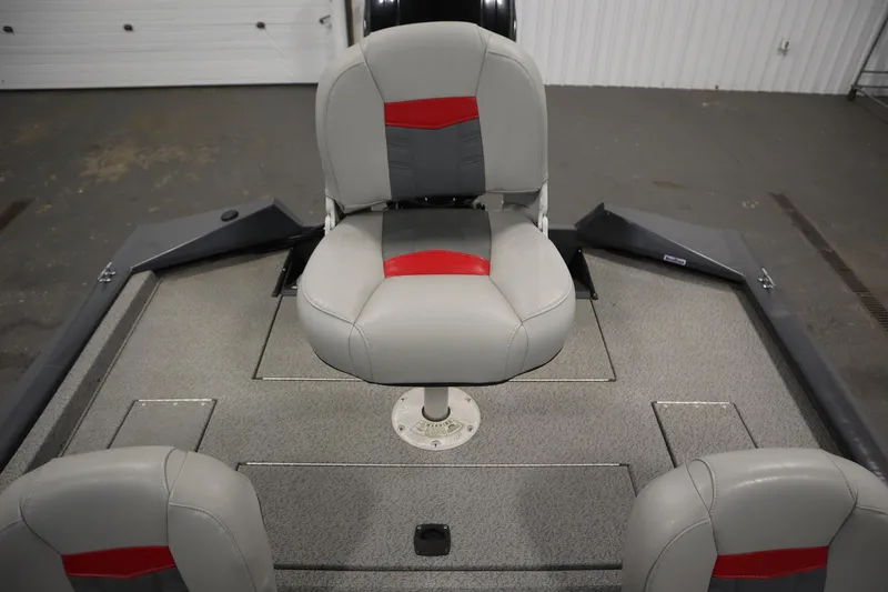 Slide: The Image of 2017 Tracker 20 CW Pontoon boat interior with gray and red seating. - 35
