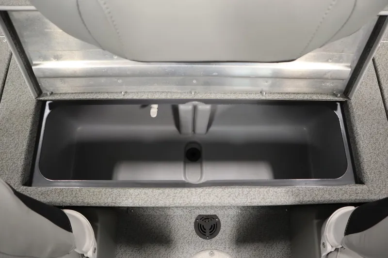 Slide: The Image of 2017 Tracker 20 CW Pontoon storage compartment with gray interior and seating. - 36