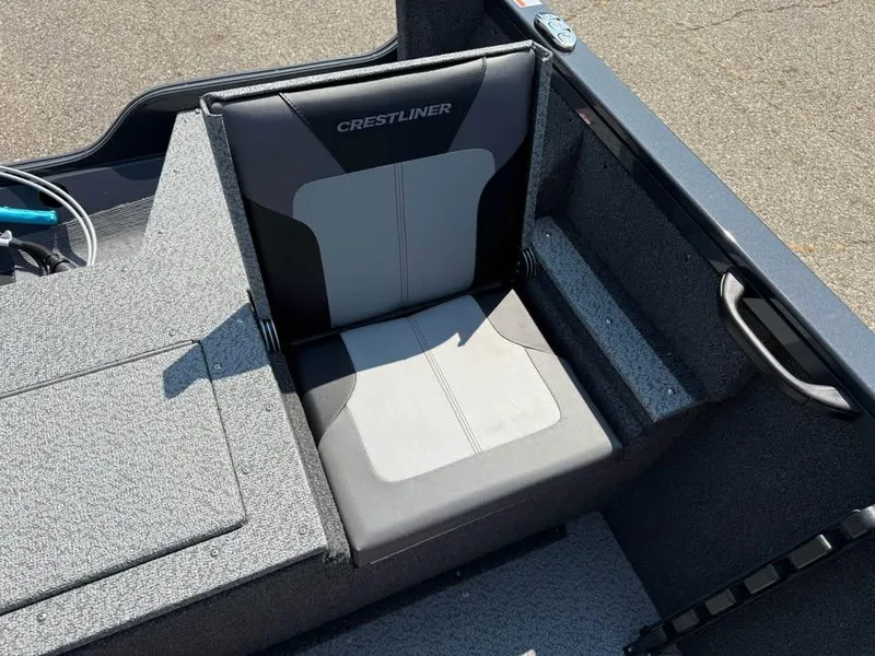 Slide: The Image of 2026 Crestliner 1750 Fish Hawk WT JS boat seat, gray and black design. - 8