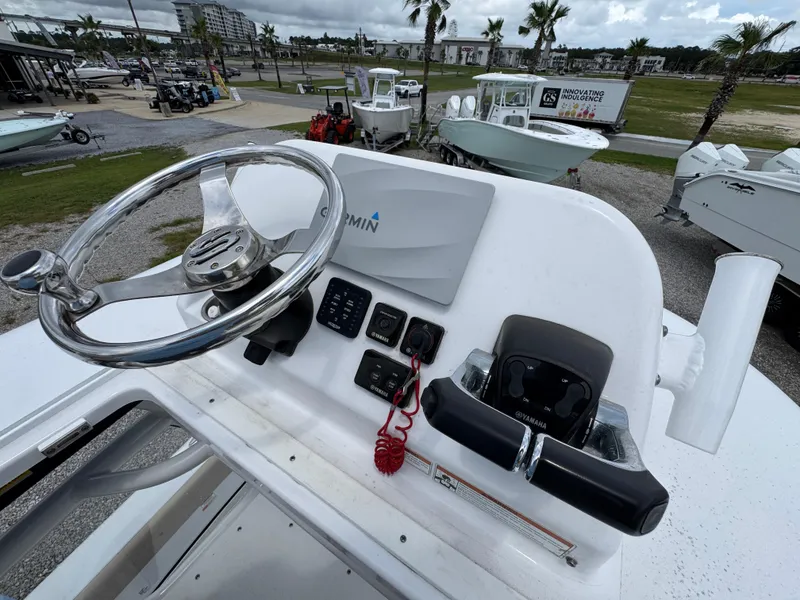 Slide: The Image of 2020 Sportsman Open 282TE Center Console helm with Garmin display and Yamaha controls. - 36