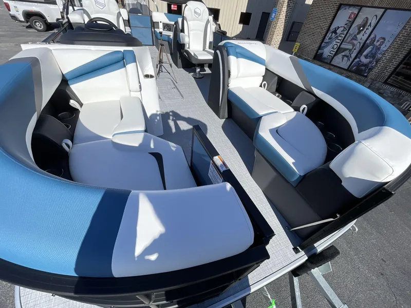 Slide: The Image of 2025 South Bay S222 RS pontoon boat with spacious seating and modern design. - 25