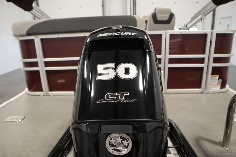 Slide: The Image of 2022 Sylvan 21 L-1 CRS with Mercury 50 CT outboard motor in a showroom. - 32