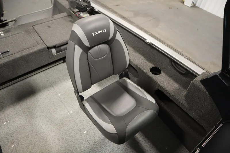 Slide: The Image of 2021 Lund 1675 Adventure WT boat seat, gray and black, with cup holder. - 31