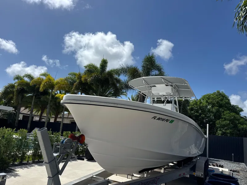 Slide: The Image of 2015 Ocean Master 296 boat on trailer, surrounded by palm trees under a clear blue sky. - 1