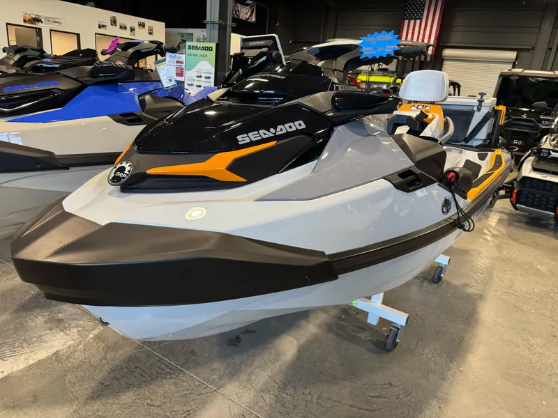 Slide: The Image of 2025 Sea-Doo Fishpro Trophy 170 jet ski displayed in showroom. - 3