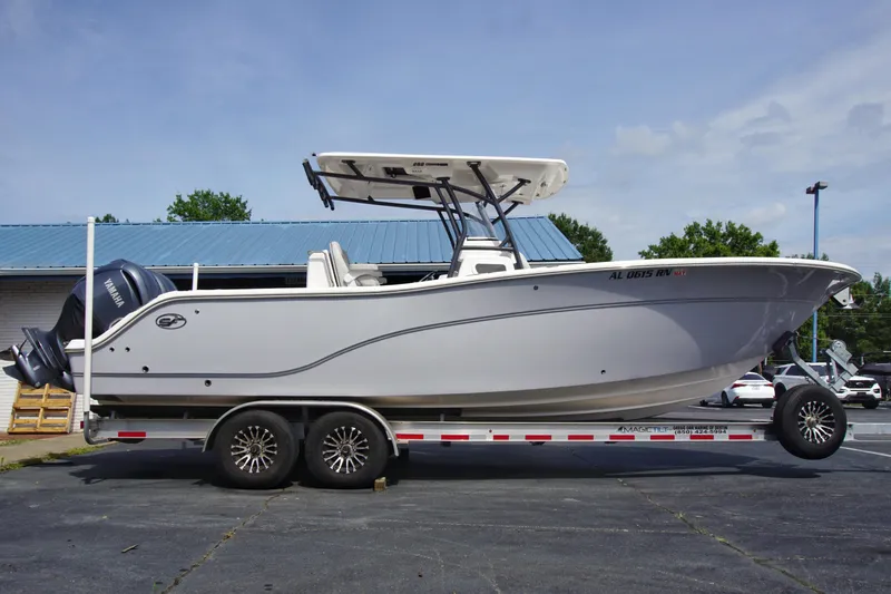 Slide: The Image of 2023 Sea Fox 288 Commander boat on trailer, side view. - 2