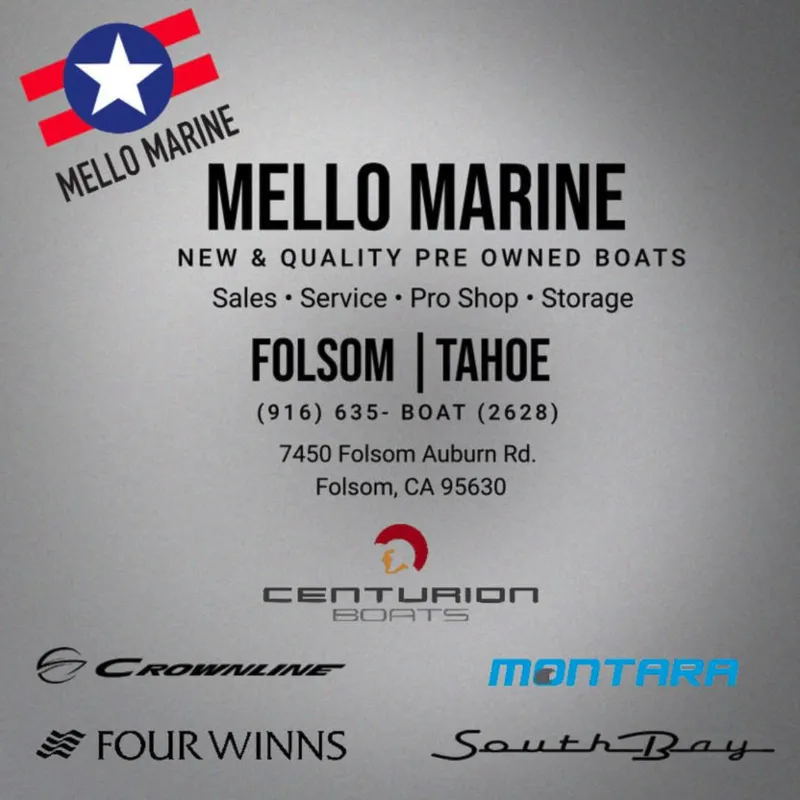Slide: The Image of Mello Marine advertisement for new and pre-owned boats, featuring sales, service, and storage. - 32
