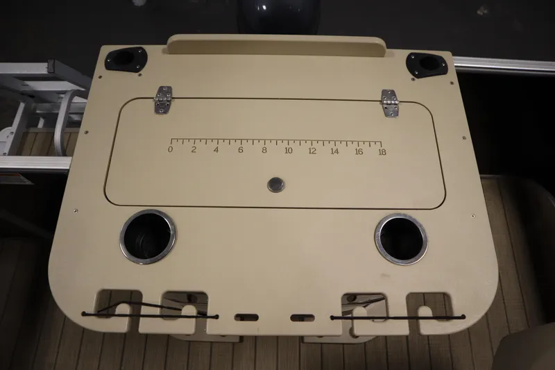 Slide: The Image of 2019 Sylvan 820 Mirage boat table with cup holders and measuring scale. - 39