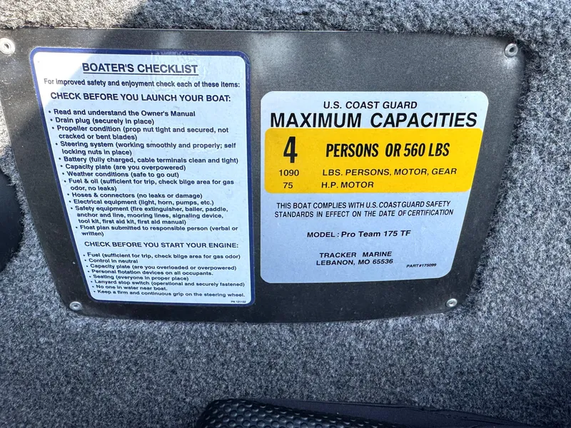 Slide: The Image of Safety checklist and capacity label for 2016 Tracker Pro Team 175 TF boat. - 8