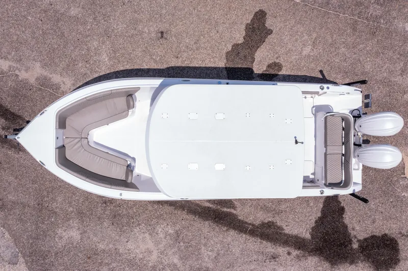 Slide: The Image of 2024 Savannah 2900 Offshore boat, aerial view, showcasing sleek design and dual engines. - 19
