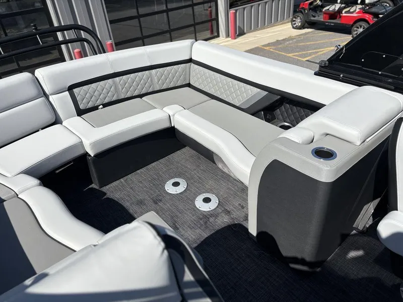 Slide: The Image of Luxurious seating on 2026 Godfrey AquaPatio 255 ULC pontoon boat, featuring modern design and comfort. - 15