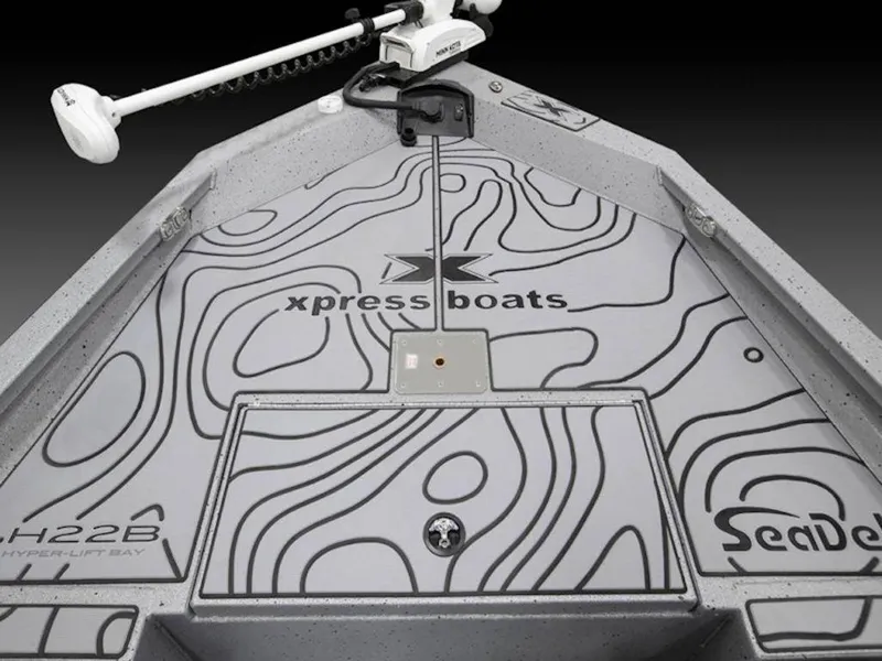 Slide: The Image of 2026 Xpress H22 Bay boat deck with SeaDek pattern and trolling motor. - 9