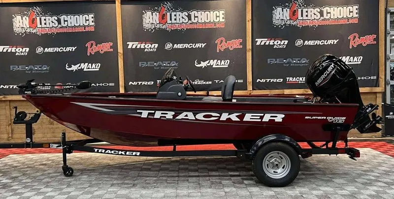 The Image of 2026 Tracker Super Guide V-16 SC boat on display at Anglers Choice event. - 1