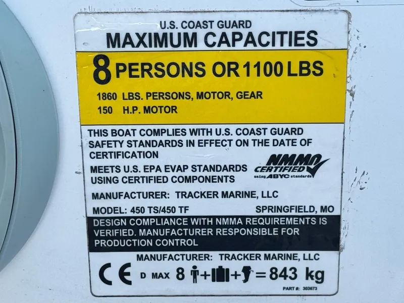 Slide: The Image of 2019 Tracker Tahoe 450 TF capacity label, 8 persons or 1100 lbs, 150 HP motor. - 21