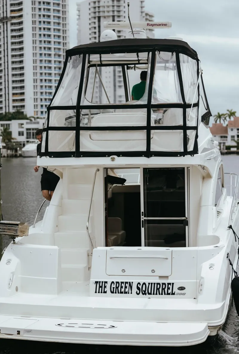 Slide: The Image of 2010 Sea Ray 390 Sedan Bridge yacht docked, named "The Green Squirrel," with cityscape background. - 6