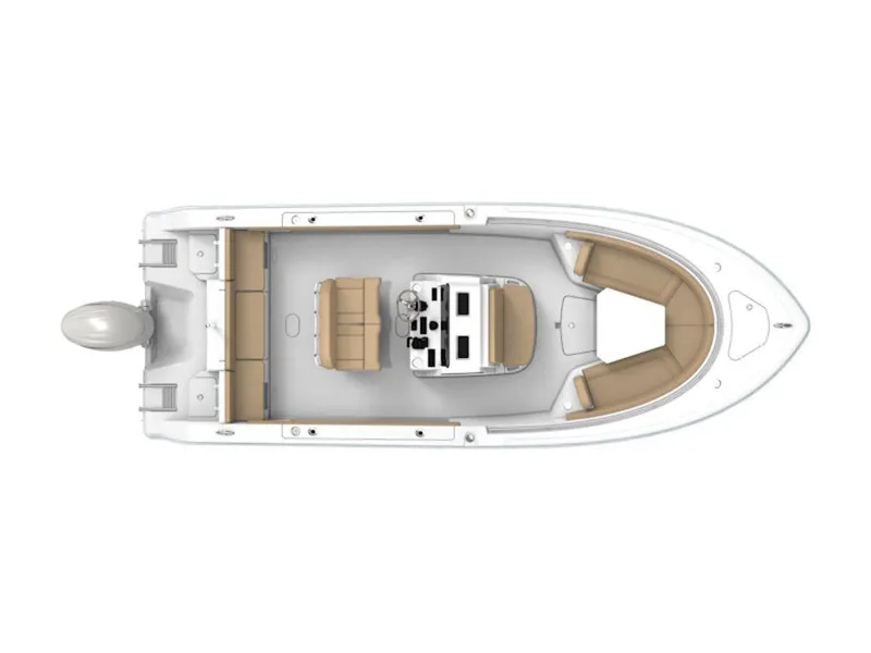 Slide: The Image of Top view of 2025 Sportsman Heritage 231 boat with beige seating and central console. - 5