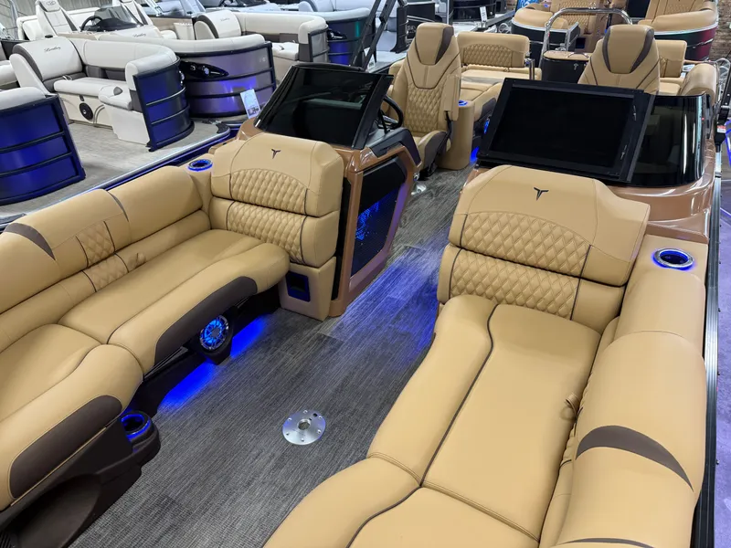 Slide: The Image of Tahoe Cascade 2385 Quad Lounge Shift Windshield Tritoon & Honda 4-Stroke EFI 2025 - 26