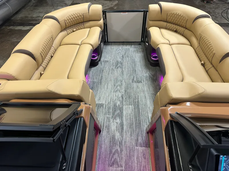 Slide: The Image of Luxurious interior of 2025 Tahoe Grand Tahoe 2585 Tritoon with plush seating and ambient lighting. - 41