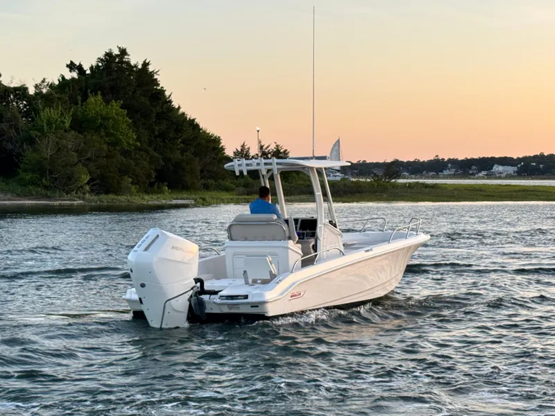 Slide: The Image of 2024 Boston Whaler 250 Dauntless boat cruising on a scenic waterway at sunset. - 2