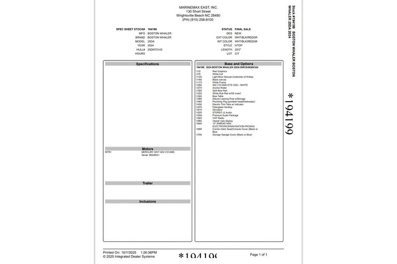 Slide: The Image of 2024 Boston Whaler 250 Dauntless spec sheet with features and options listed. - 28