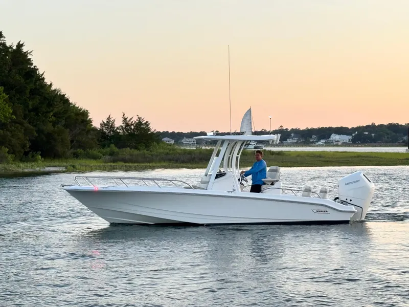 Slide: The Image of 2024 Boston Whaler 250 Dauntless boat cruising on calm water at sunset. - 4