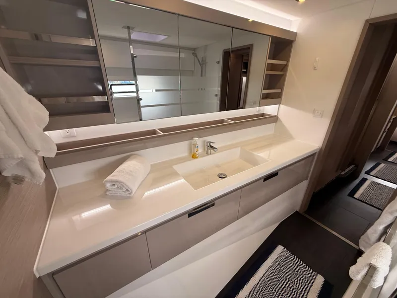 Slide: The Image of Modern bathroom interior of 2023 Fountaine Pajot Aura 51 yacht, featuring sleek design and amenities. - 34