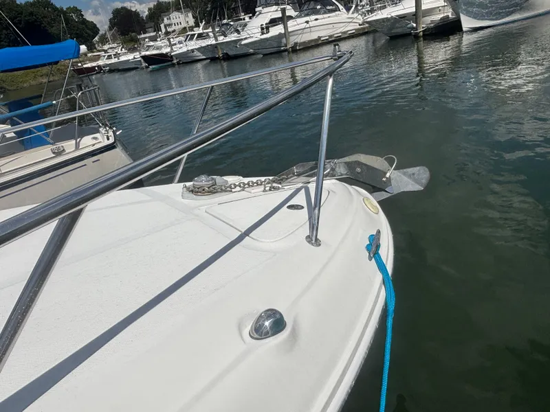 Slide: The Image of 2006 Sea Ray 260 Sundancer docked in a marina, featuring a blue mooring line. - 8