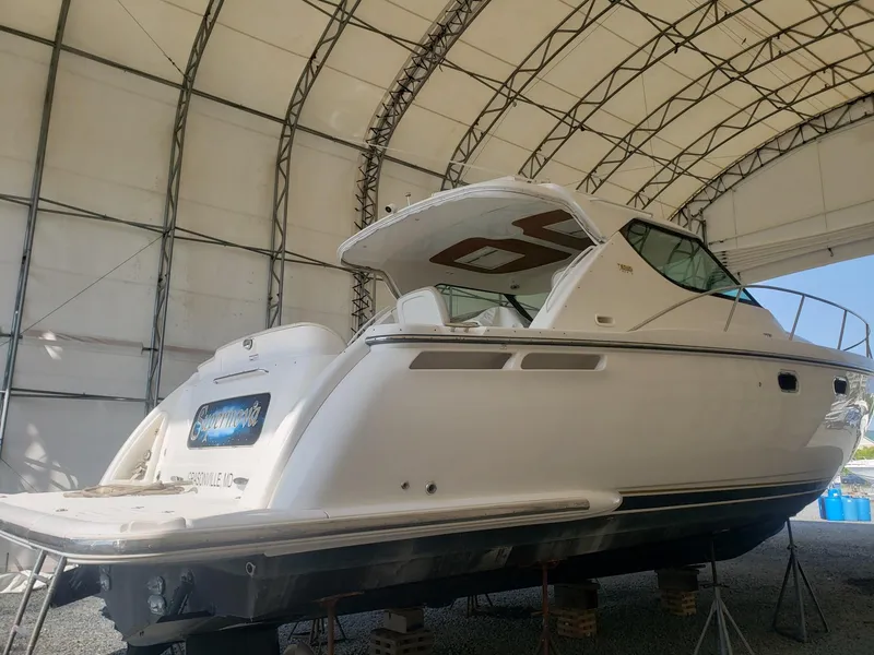 Slide: The Image of 2007 Tiara Yachts 4300 Sovran in storage, showcasing sleek design and luxury features. - 3