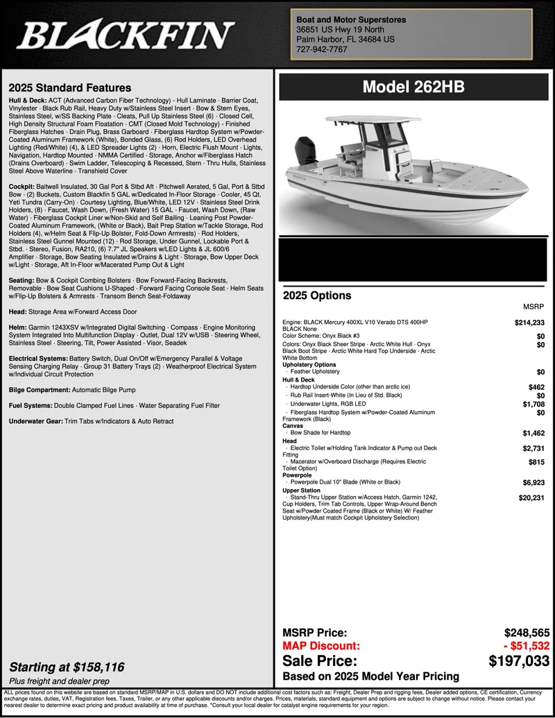 Slide: The Image of Blackfin 262 HB 2026 model boat features, options, and pricing details. - 11