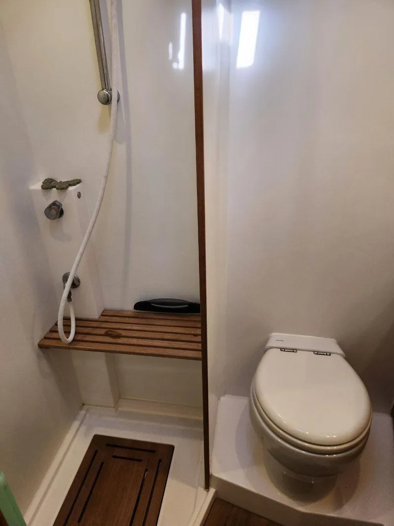 Slide: The Image of 2018 X-Yachts X4.9 yacht bathroom with shower and toilet. - 37